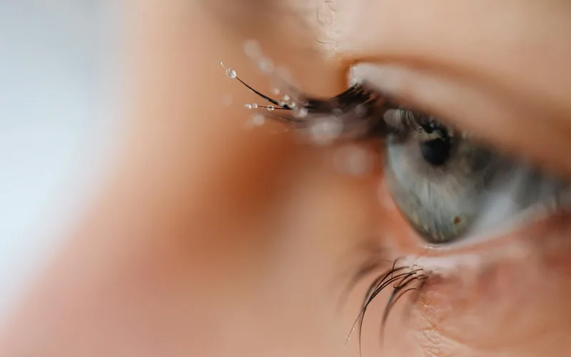 Close-up macro photograph of a blue eye with frosted eyelashes, reflecting a winter theme.
