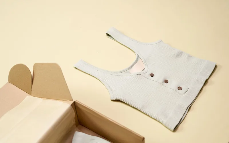 A minimalist flatlay featuring a stylish sleeveless top next to an open cardboard box against a neutral background.