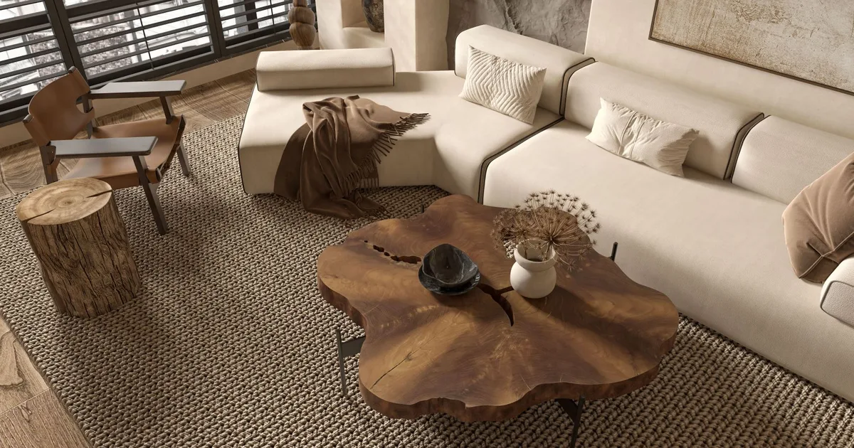 Modern living room featuring a unique wooden coffee table, textured rug, and plush sofa in neutral tones.