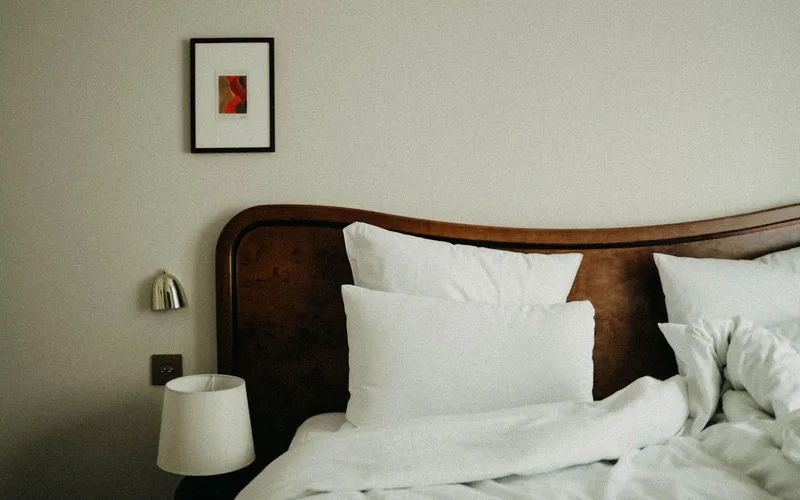 Chic bedroom featuring modern decor with plush pillows and a stylish headboard.