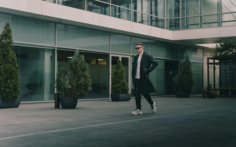 Man in stylish outfit walking confidently in a modern urban area with glass architecture.