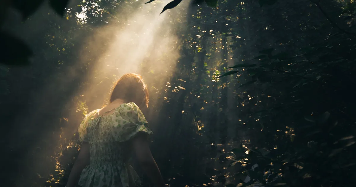 A woman stands in a sunlit forest, enveloped by lush trees and warm rays.
