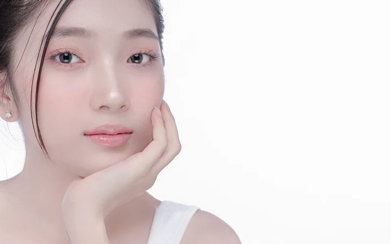 Close-up portrait of a young woman with clear skin in a studio setting, showcasing beauty and skincare.