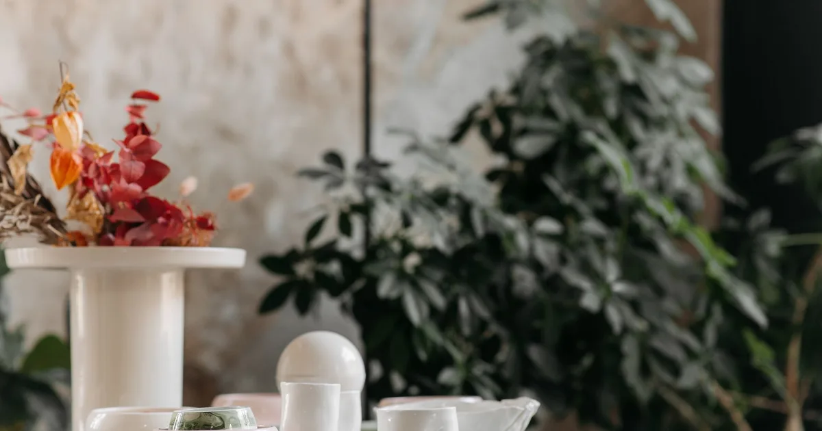 Stylish table setting with white ceramics and decorative plants.