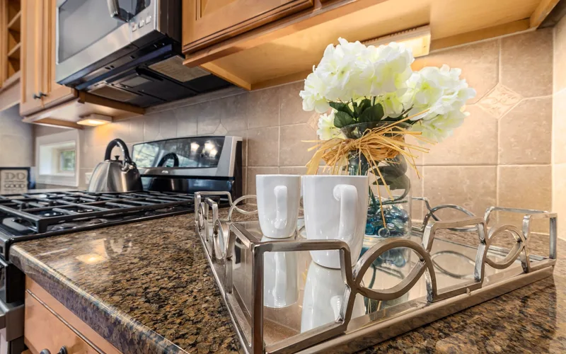 Contemporary kitchen with granite countertops, stainless steel appliances, and decorative elements.
