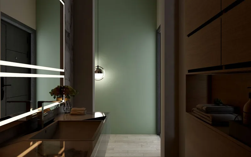 Elegant minimalist bathroom featuring soft lighting, mirrors, and sleek cabinetry.