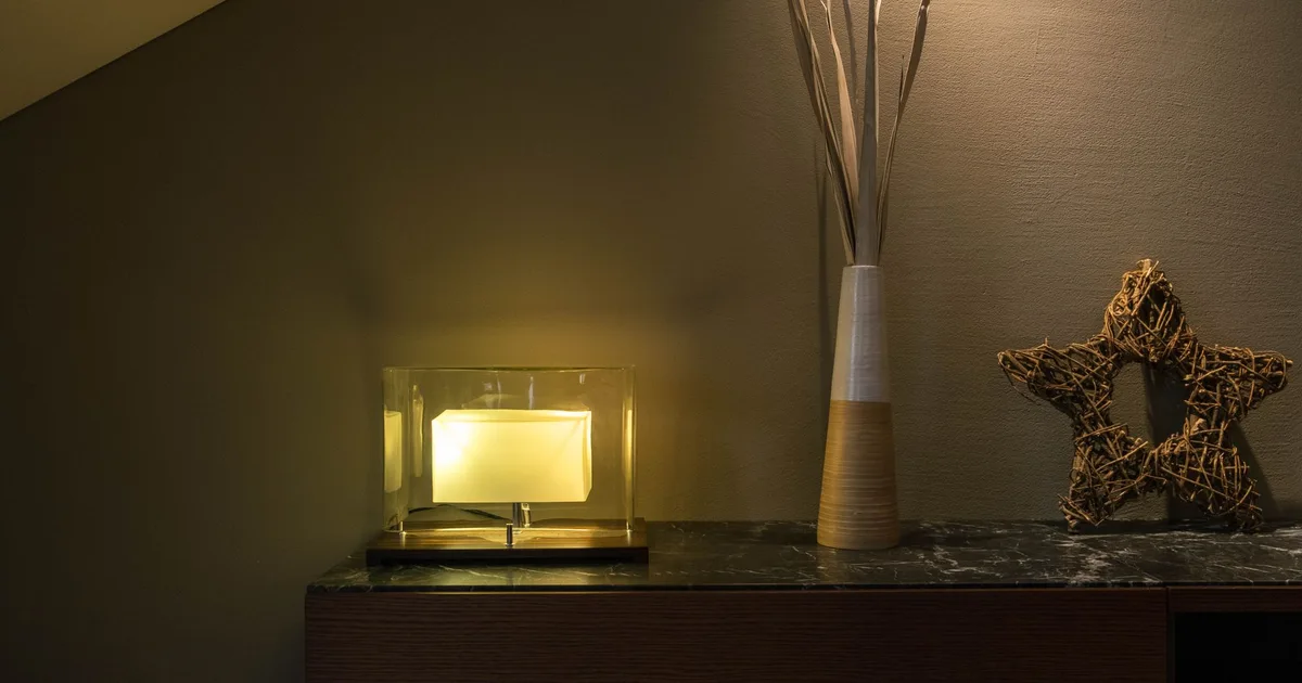 Elegant interior setup featuring a modern lamp, a tall vase with twigs, and a decorative star on a shelf.