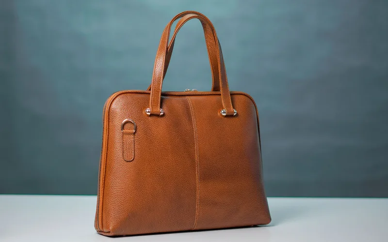 High-quality brown leather handbag against a neutral background.