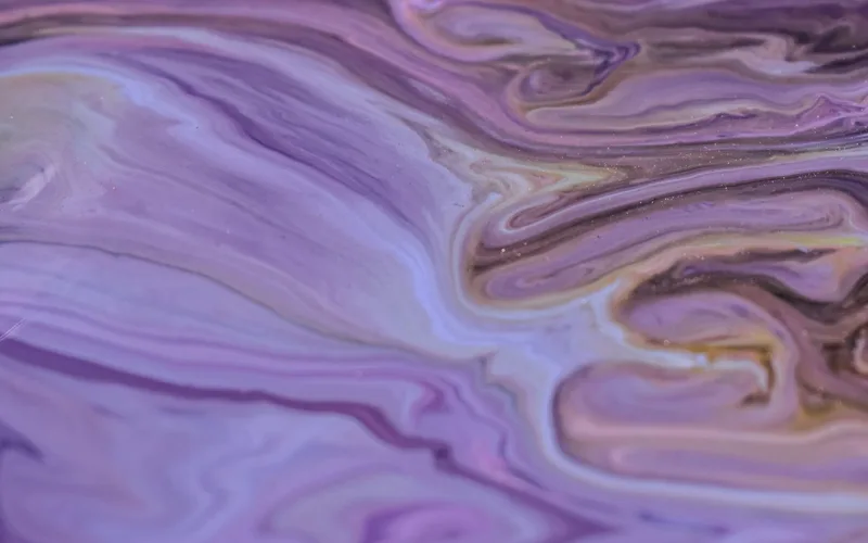 Abstract background of artwork representing brown and violet acrylic paint streams with wavy thin lines