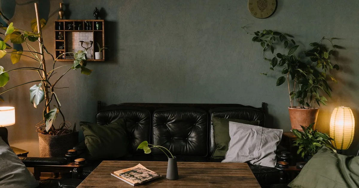 A stylish living room with indoor plants and warm lighting creates a cozy atmosphere. Perfect for interior design inspiration.