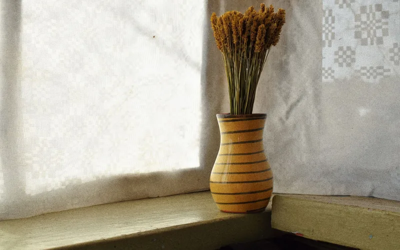 Warm rustic scene of a striped vase with dried flowers on a sunny windowsill.