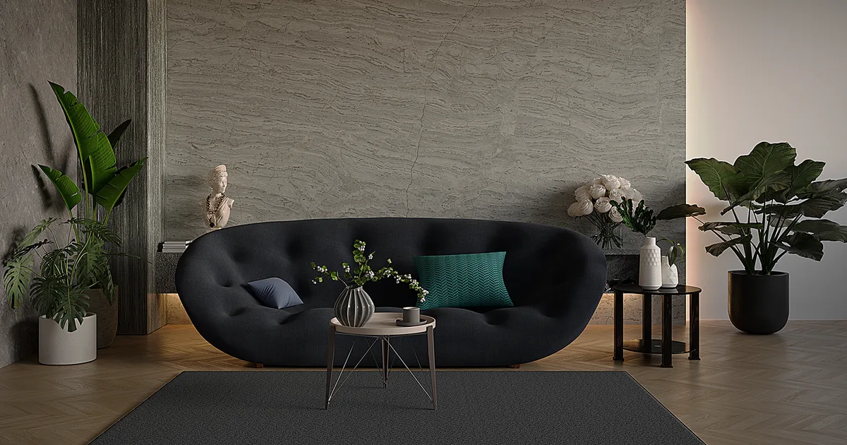 Stylish and cozy living room featuring modern decor, plush sofa, and elegant plants.