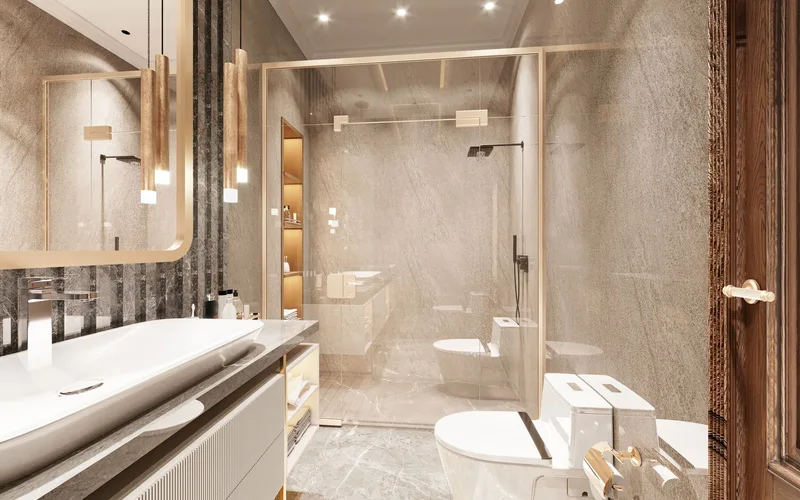 Sophisticated bathroom design with elegant fixtures and marble surfaces.